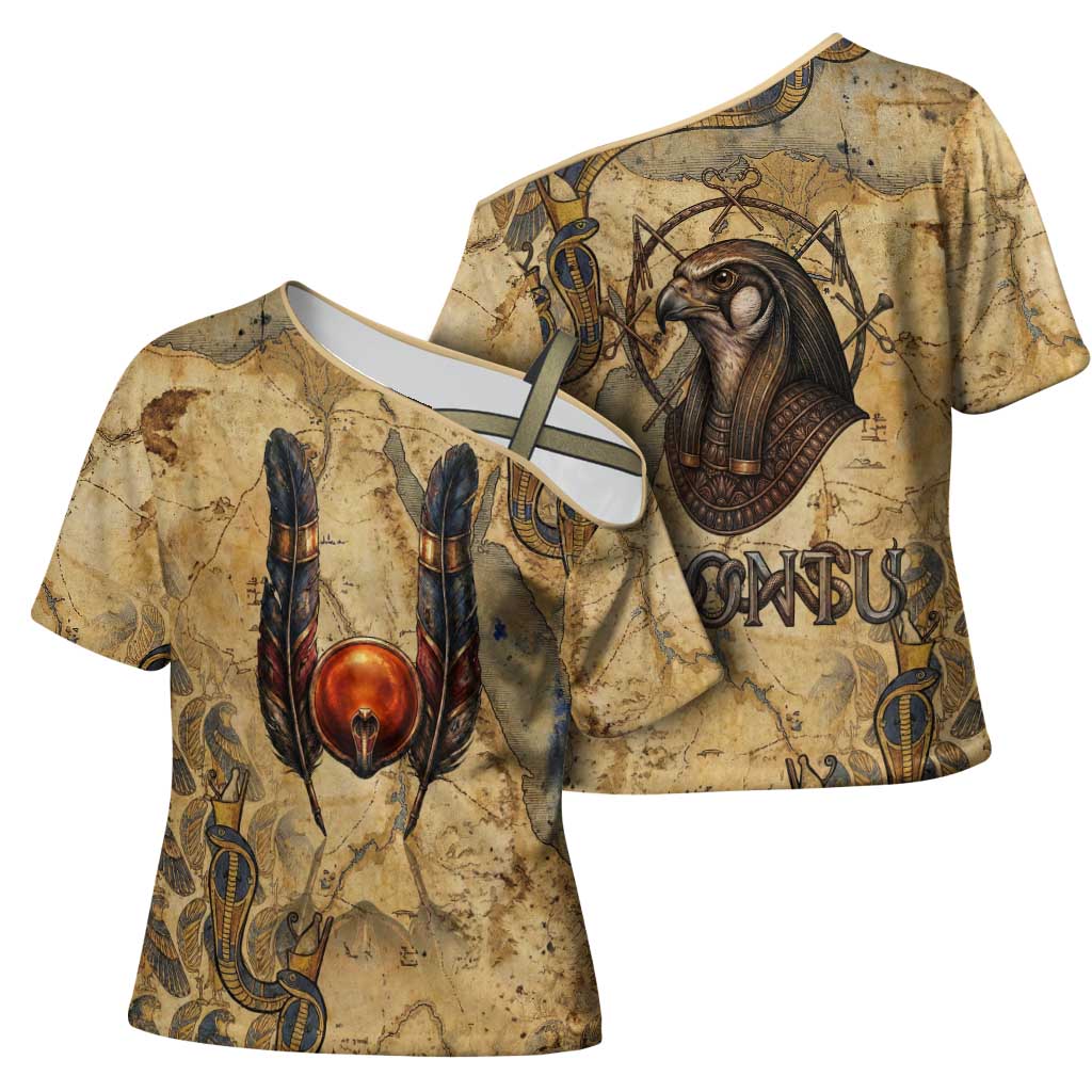 Montu Cross Shoulder Shirt Falcon Head War God Ancient Egyptian Map Feathers and Sun Disk