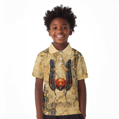 Montu Kid Polo Shirt Falcon Head War God Ancient Egyptian Map Feathers and Sun Disk