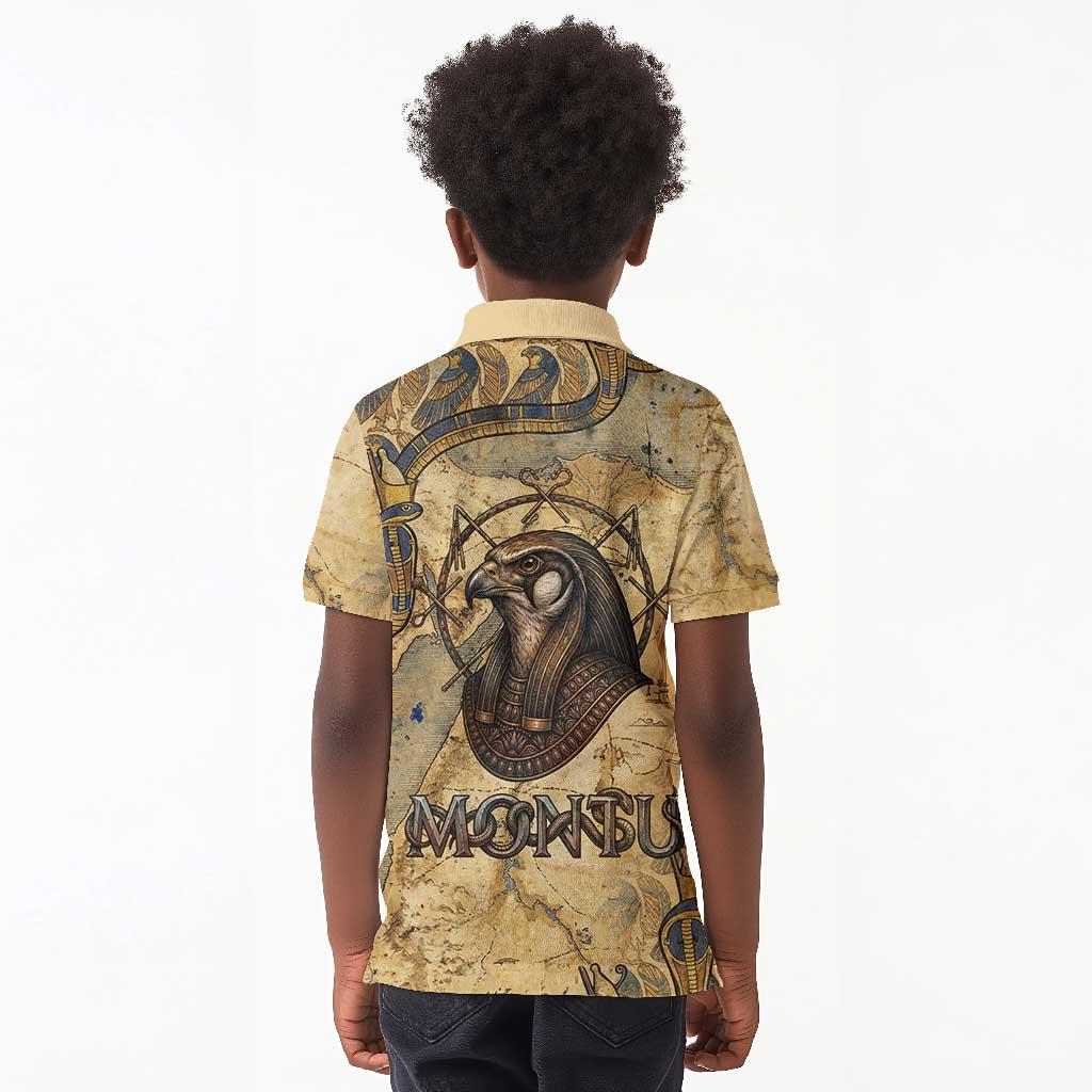 Montu Kid Polo Shirt Falcon Head War God Ancient Egyptian Map Feathers and Sun Disk