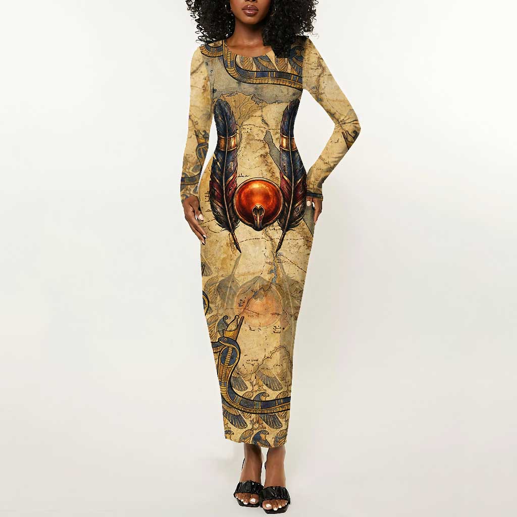 Montu Long Sleeve Bodycon Dress Falcon Head War God Ancient Egyptian Map Feathers and Sun Disk