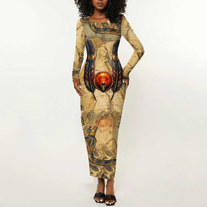 Montu Long Sleeve Bodycon Dress Falcon Head War God Ancient Egyptian Map Feathers and Sun Disk