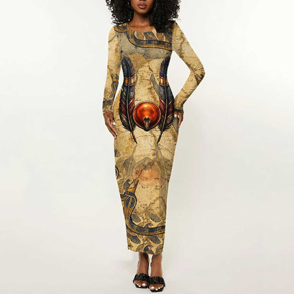 Montu Long Sleeve Bodycon Dress Falcon Head War God Ancient Egyptian Map Feathers and Sun Disk
