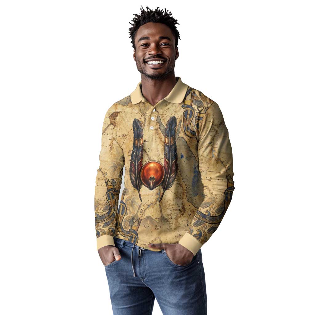 Montu Long Sleeve Polo Shirt Falcon Head War God Ancient Egyptian Map Feathers and Sun Disk