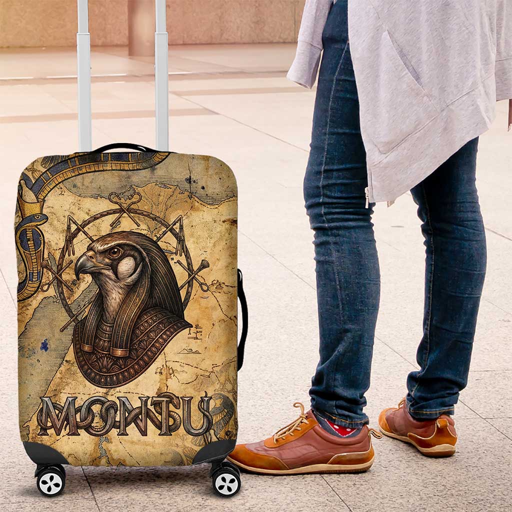 Montu Luggage Cover Falcon Head War God Ancient Egyptian Map Feathers and Sun Disk