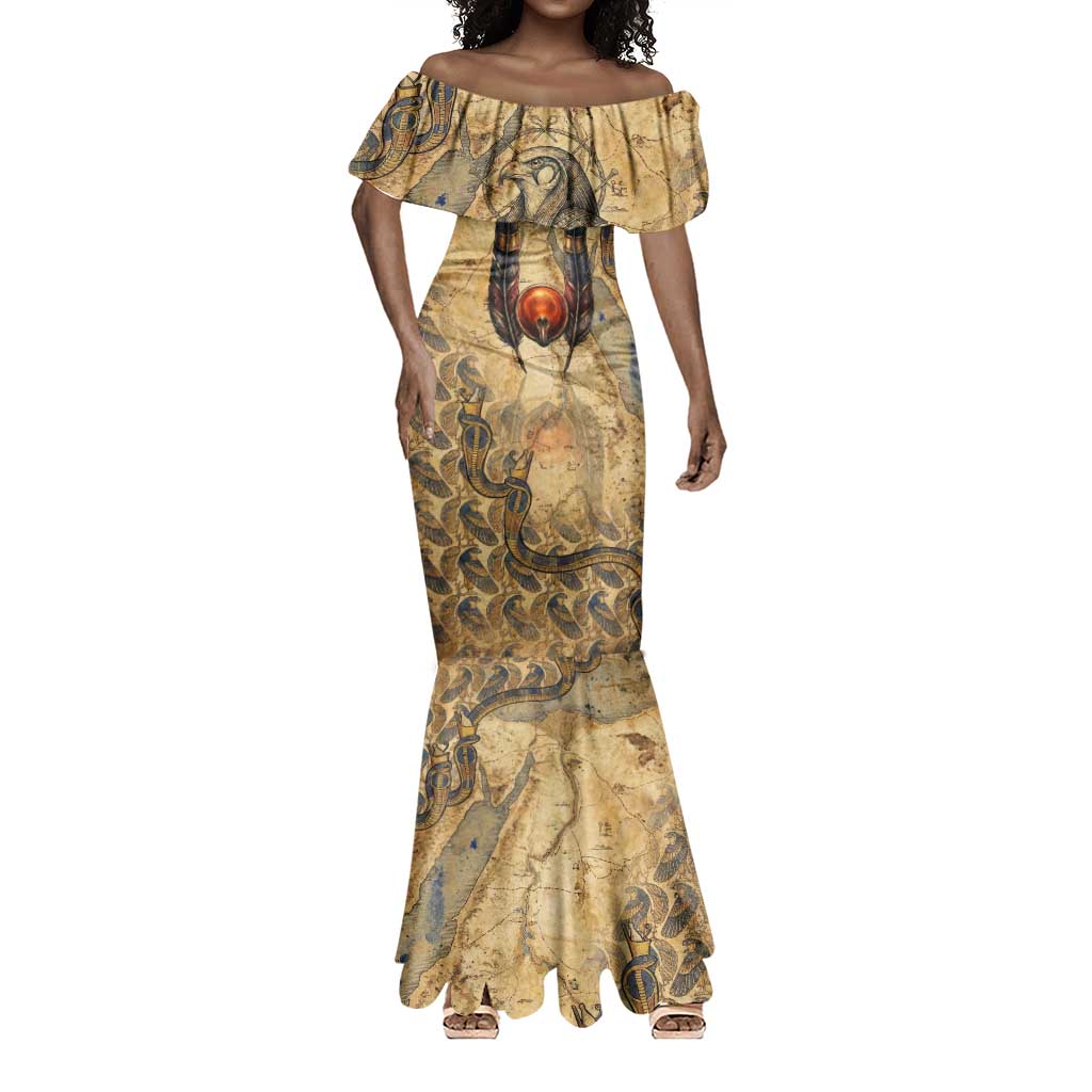 Montu Mermaid Dress Falcon Head War God Ancient Egyptian Map Feathers and Sun Disk