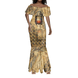 Montu Mermaid Dress Falcon Head War God Ancient Egyptian Map Feathers and Sun Disk