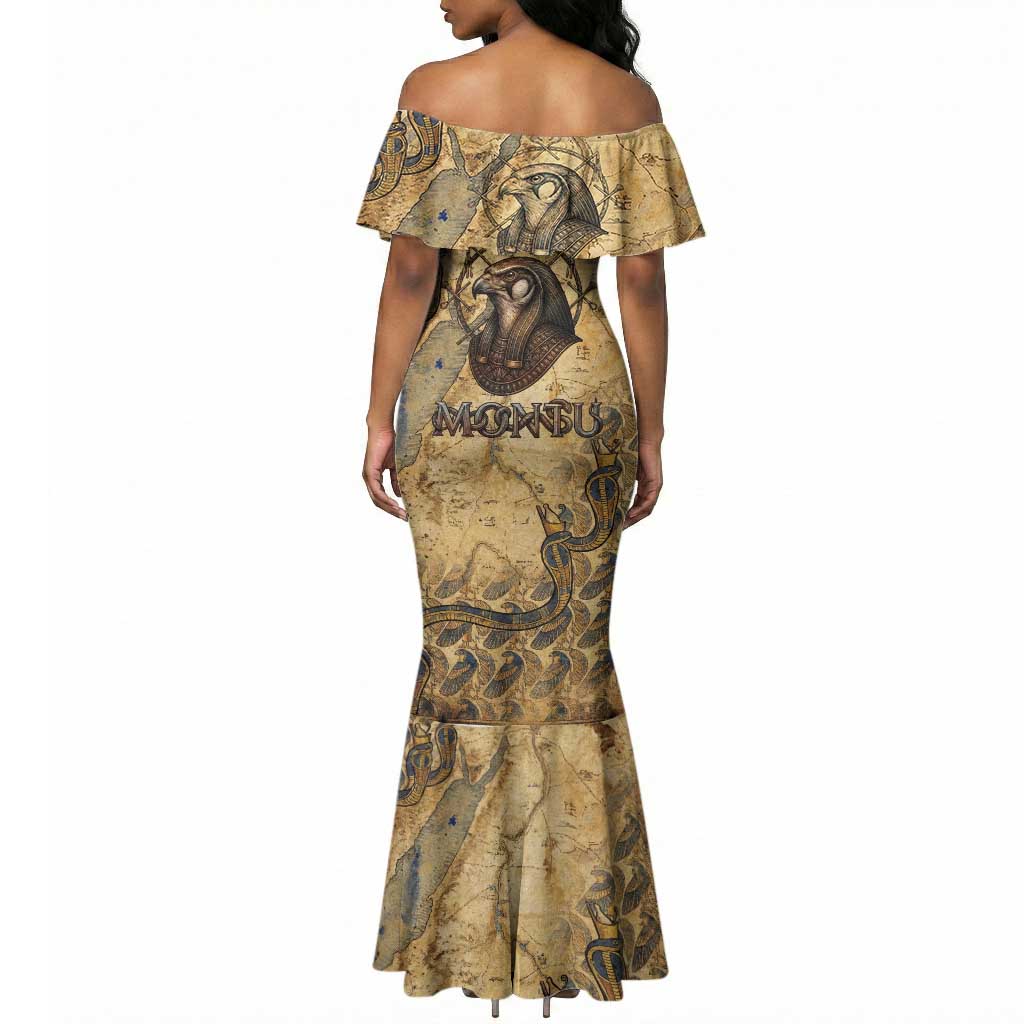 Montu Mermaid Dress Falcon Head War God Ancient Egyptian Map Feathers and Sun Disk