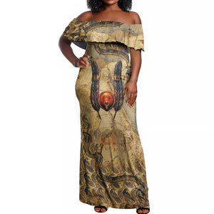 Montu Off Shoulder Maxi Dress Falcon Head War God Ancient Egyptian Map Feathers and Sun Disk