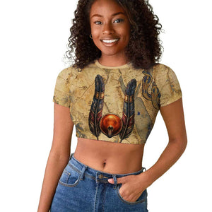 Montu Raglan Cropped T shirt Falcon Head War God Ancient Egyptian Map Feathers and Sun Disk