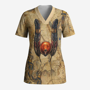 Montu Scrub Top Falcon Head War God Ancient Egyptian Map Feathers and Sun Disk