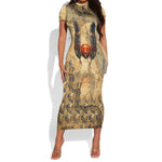 Montu Short Sleeve Bodycon Dress Falcon Head War God Ancient Egyptian Map Feathers and Sun Disk