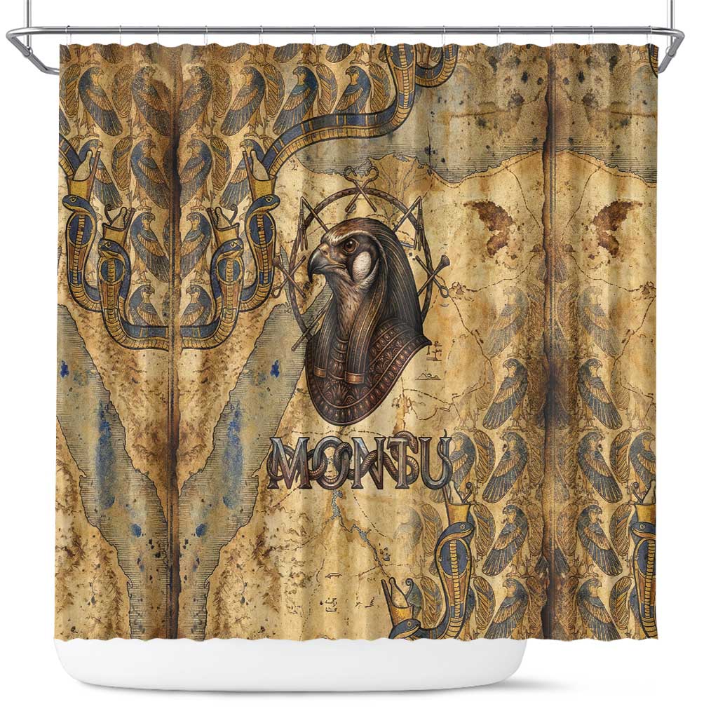 Montu Shower Curtain Falcon Head War God Ancient Egyptian Map Feathers and Sun Disk