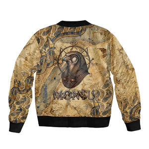 Montu Sleeve Zip Bomber Jacket Falcon Head War God Ancient Egyptian Map Feathers and Sun Disk