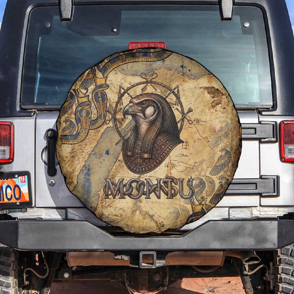 Montu Spare Tire Cover Falcon Head War God Ancient Egyptian Map Feathers and Sun Disk