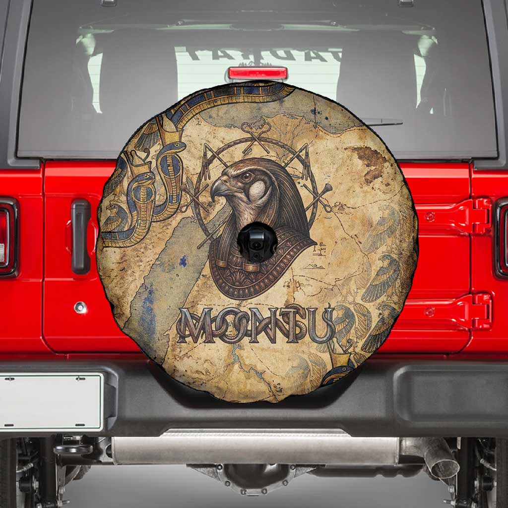 Montu Spare Tire Cover Falcon Head War God Ancient Egyptian Map Feathers and Sun Disk