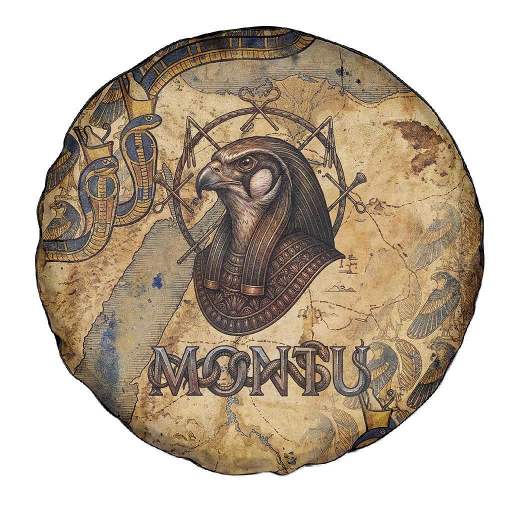 Montu Spare Tire Cover Falcon Head War God Ancient Egyptian Map Feathers and Sun Disk