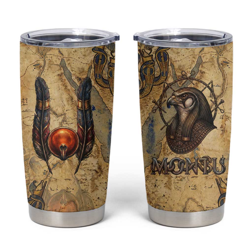 Montu Tumbler Cup Falcon Head War God Ancient Egyptian Map Feathers and Sun Disk