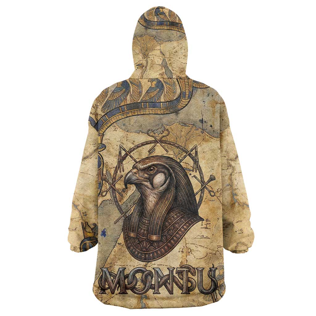 Montu Wearable Blanket Hoodie Falcon Head War God Ancient Egyptian Map Feathers and Sun Disk