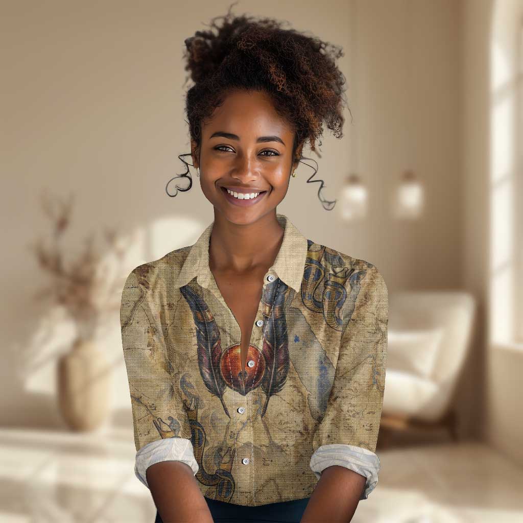 Montu Women Casual Shirt Falcon Head War God Ancient Egyptian Map Feathers and Sun Disk