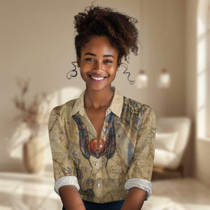Montu Women Casual Shirt Falcon Head War God Ancient Egyptian Map Feathers and Sun Disk