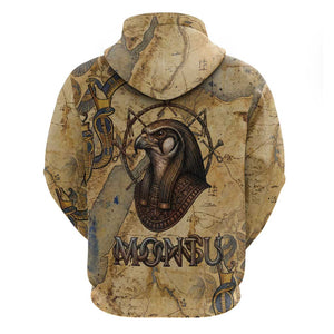 Montu Zip Hoodie Falcon Head War God Ancient Egyptian Map Feathers and Sun Disk