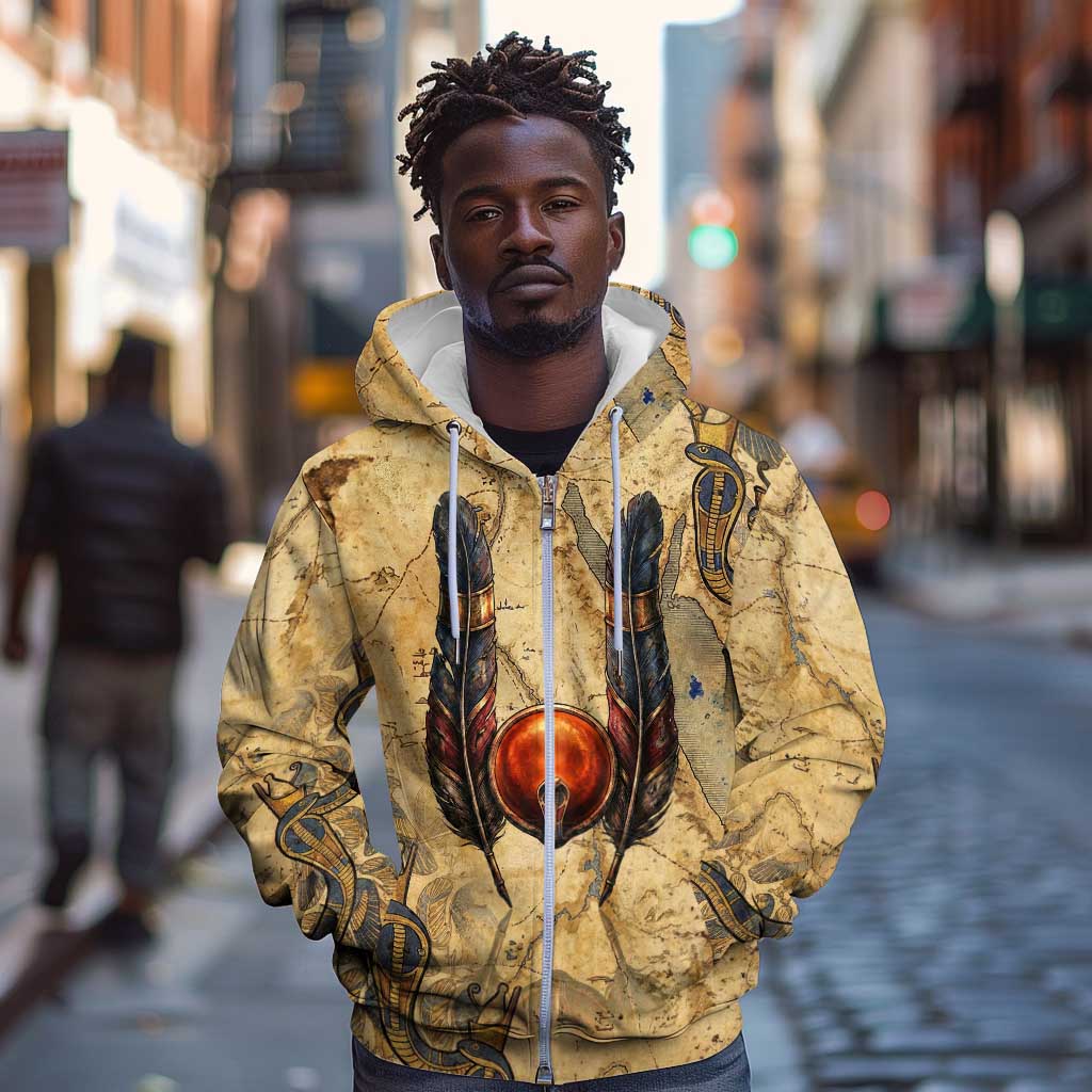 Montu Zip Hoodie Falcon Head War God Ancient Egyptian Map Feathers and Sun Disk