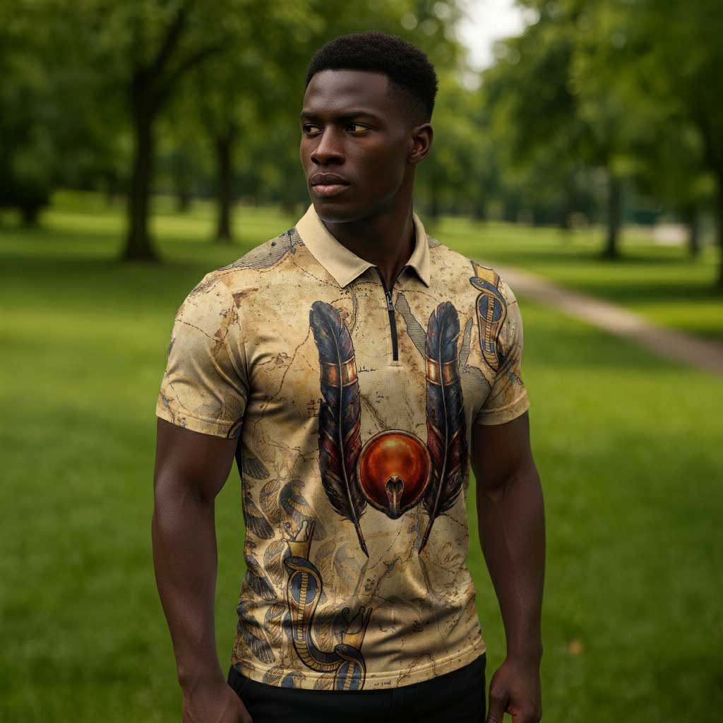 Montu Zipper Polo Shirt Falcon Head War God Ancient Egyptian Map Feathers and Sun Disk