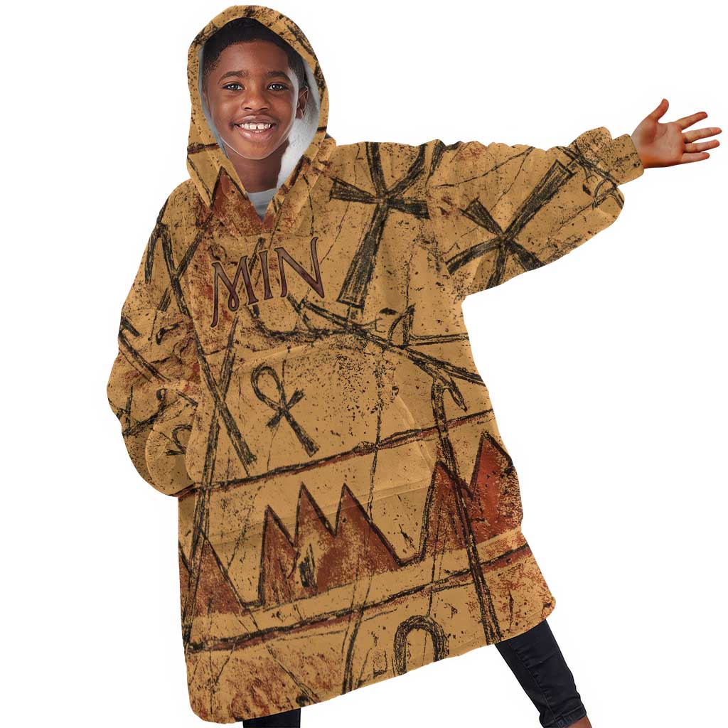 Min Ancient Egyptian Kid Wearable Blanket Hoodie Fertility Symbol Sandstone Ankh Pyramid Pattern