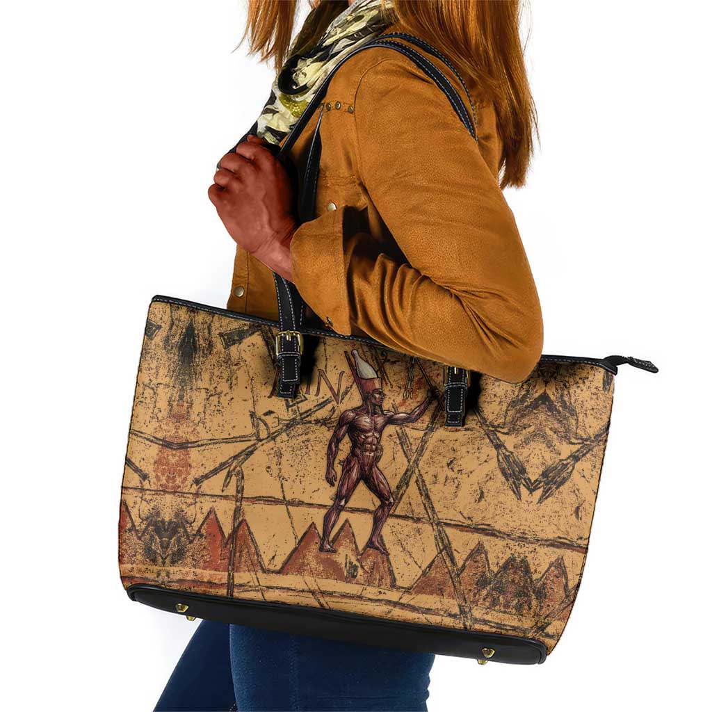 Min Ancient Egyptian Leather Tote Bag Fertility Symbol Sandstone Ankh Pyramid Pattern