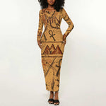 Min Ancient Egyptian Long Sleeve Bodycon Dress Fertility Symbol Sandstone Ankh Pyramid Pattern