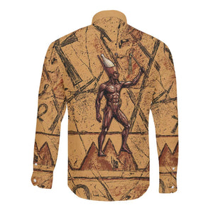 Min Ancient Egyptian Long Sleeve Button Shirt Fertility Symbol Sandstone Ankh Pyramid Pattern