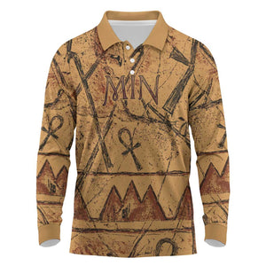 Min Ancient Egyptian Long Sleeve Polo Shirt Fertility Symbol Sandstone Ankh Pyramid Pattern