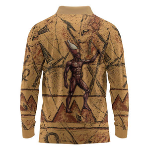 Min Ancient Egyptian Long Sleeve Polo Shirt Fertility Symbol Sandstone Ankh Pyramid Pattern