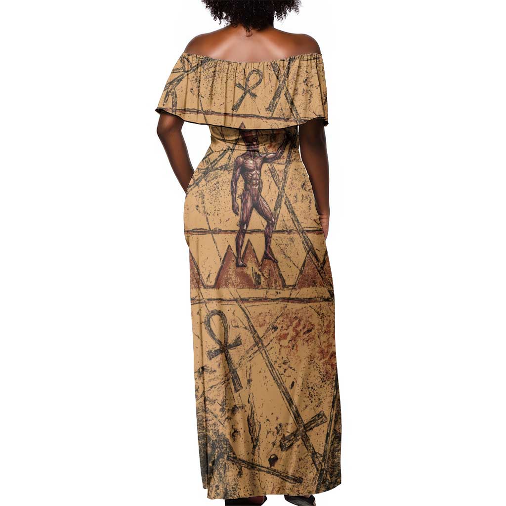 Min Ancient Egyptian Off Shoulder Maxi Dress Fertility Symbol Sandstone Ankh Pyramid Pattern