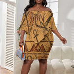 Min Ancient Egyptian Off Shoulder Short Dress Fertility Symbol Sandstone Ankh Pyramid Pattern