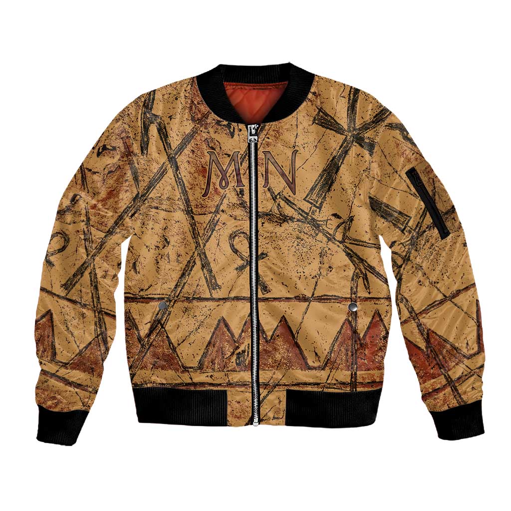 Min Ancient Egyptian Sleeve Zip Bomber Jacket Fertility Symbol Sandstone Ankh Pyramid Pattern