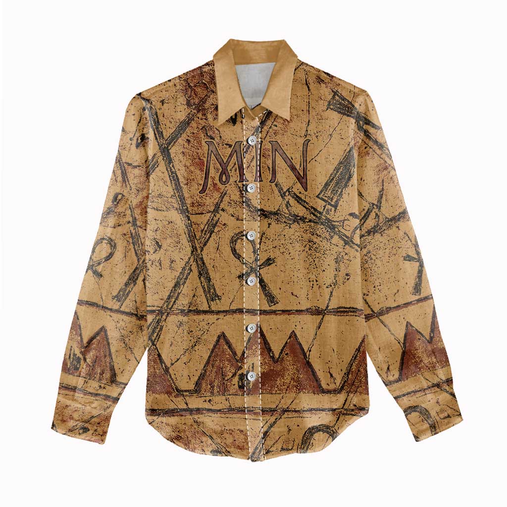 Min Ancient Egyptian Women Casual Shirt Fertility Symbol Sandstone Ankh Pyramid Pattern