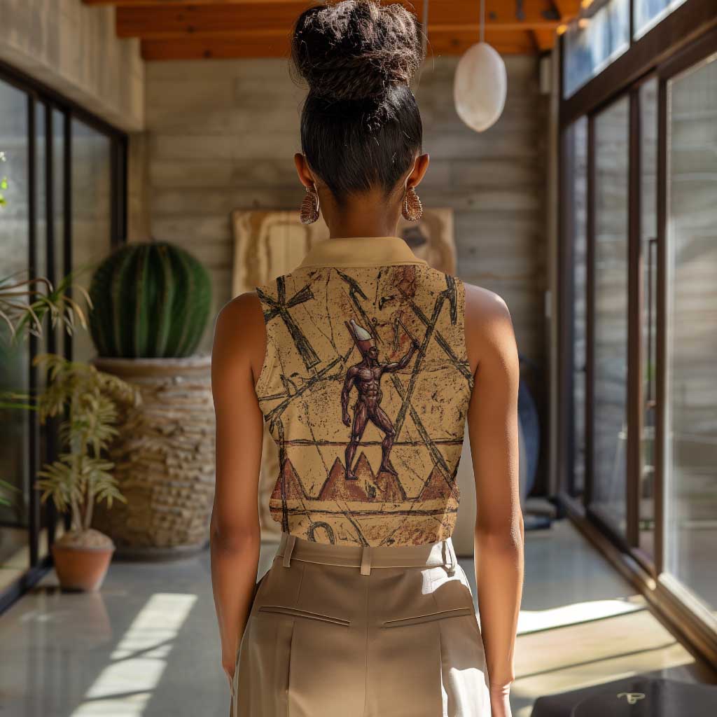 Min Ancient Egyptian Women Sleeveless Polo Shirt Fertility Symbol Sandstone Ankh Pyramid Pattern