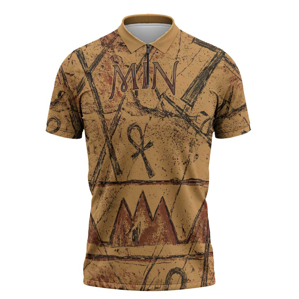 Min Ancient Egyptian Zipper Polo Shirt Fertility Symbol Sandstone Ankh Pyramid Pattern