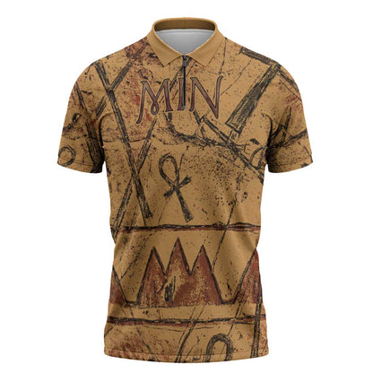 Min Ancient Egyptian Zipper Polo Shirt Fertility Symbol Sandstone Ankh Pyramid Pattern