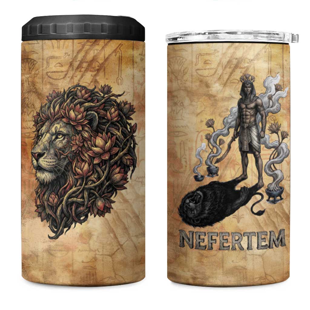 Nefertem Ancient Egyptian 4 in 1 Can Cooler Tumbler Lion Head Lotus Flowers Incense Smoke Ancient
