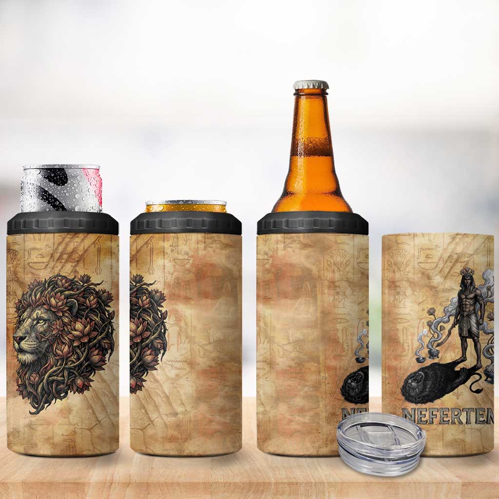Nefertem Ancient Egyptian 4 in 1 Can Cooler Tumbler Lion Head Lotus Flowers Incense Smoke Ancient