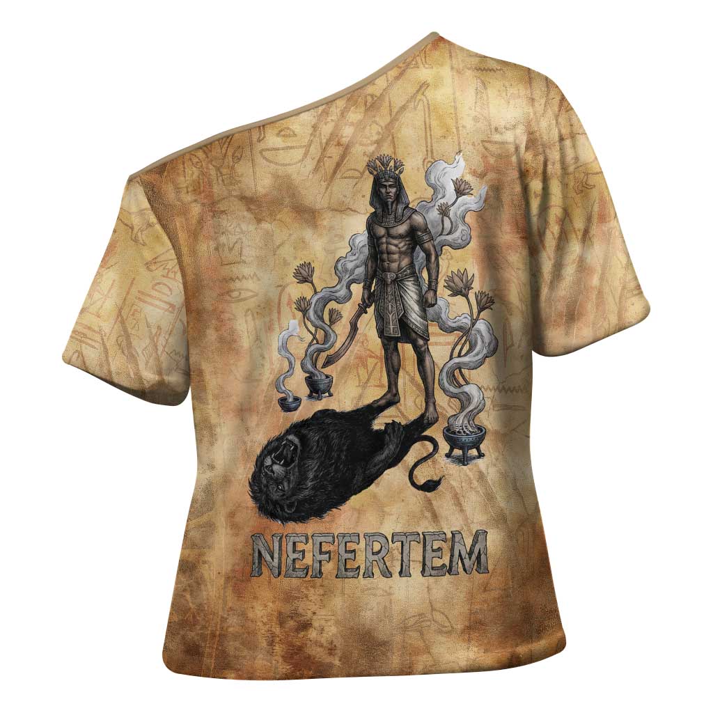 Nefertem Ancient Egyptian Cross Shoulder Shirt Lion Head Lotus Flowers Incense Smoke Ancient