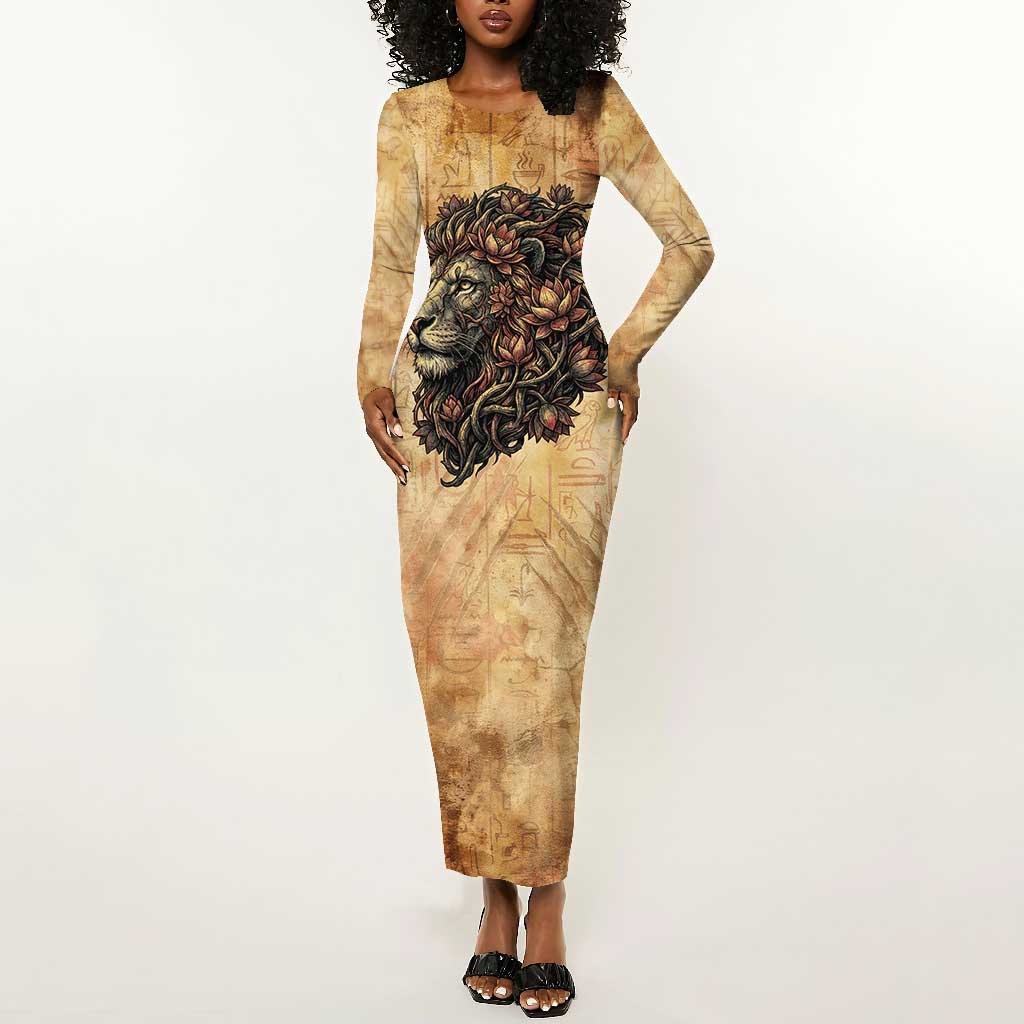 Nefertem Ancient Egyptian Long Sleeve Bodycon Dress Lion Head Lotus Flowers Incense Smoke Ancient