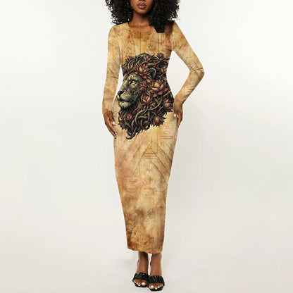 Nefertem Ancient Egyptian Long Sleeve Bodycon Dress Lion Head Lotus Flowers Incense Smoke Ancient