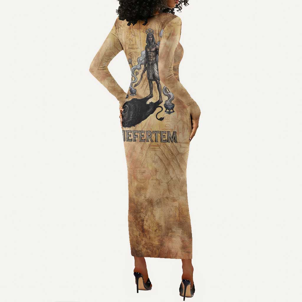 Nefertem Ancient Egyptian Long Sleeve Bodycon Dress Lion Head Lotus Flowers Incense Smoke Ancient