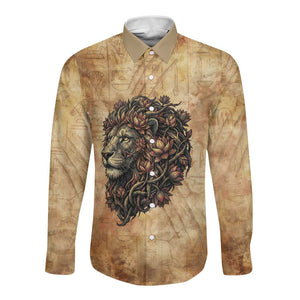 Nefertem Ancient Egyptian Long Sleeve Button Shirt Lion Head Lotus Flowers Incense Smoke Ancient