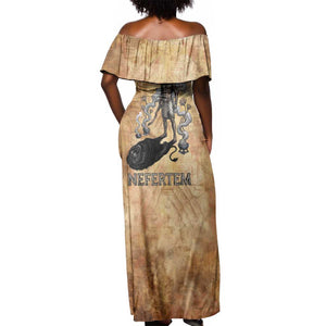Nefertem Ancient Egyptian Off Shoulder Maxi Dress Lion Head Lotus Flowers Incense Smoke Ancient