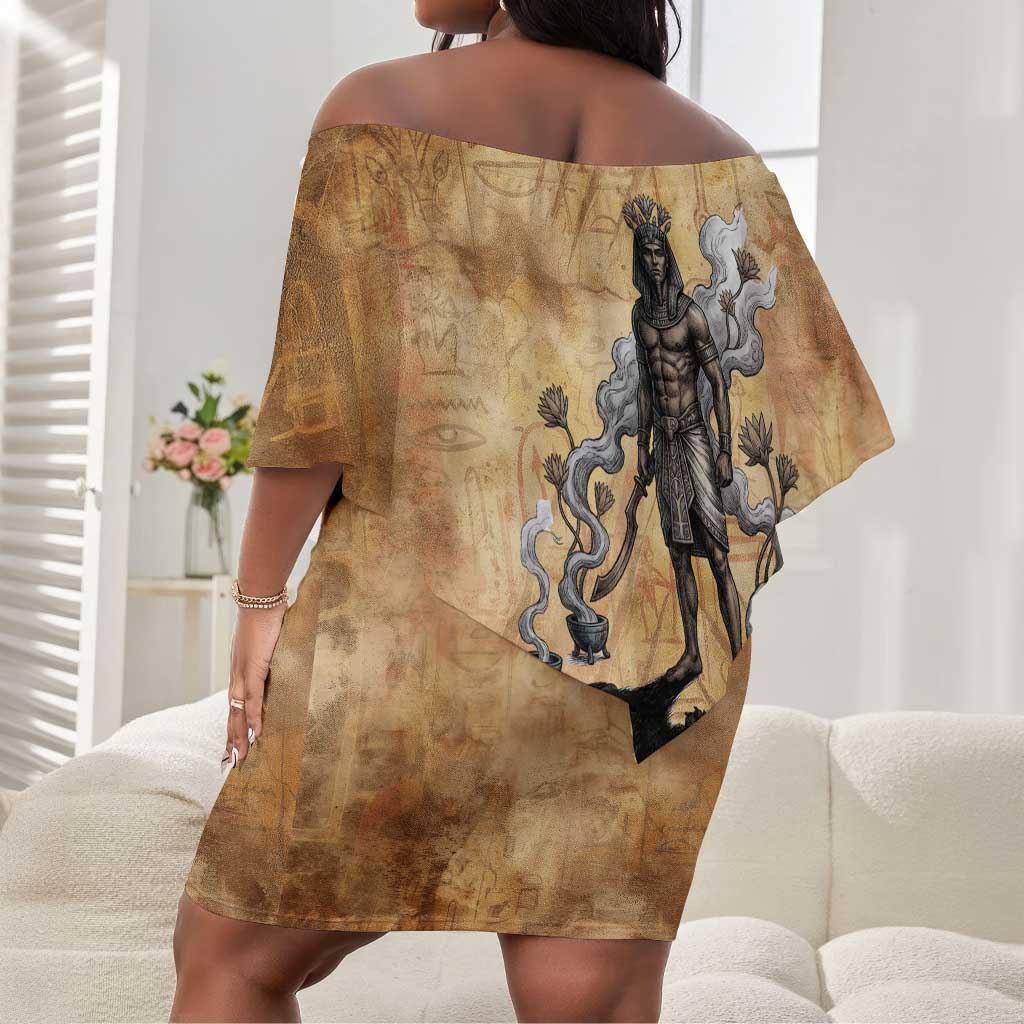 Nefertem Ancient Egyptian Off Shoulder Short Dress Lion Head Lotus Flowers Incense Smoke Ancient