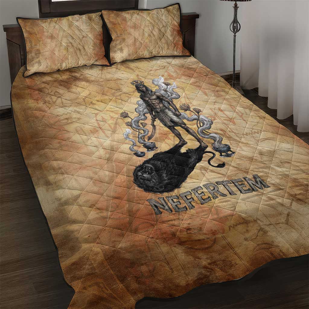 Nefertem Ancient Egyptian Quilt Bed Set Lion Head Lotus Flowers Incense Smoke Ancient